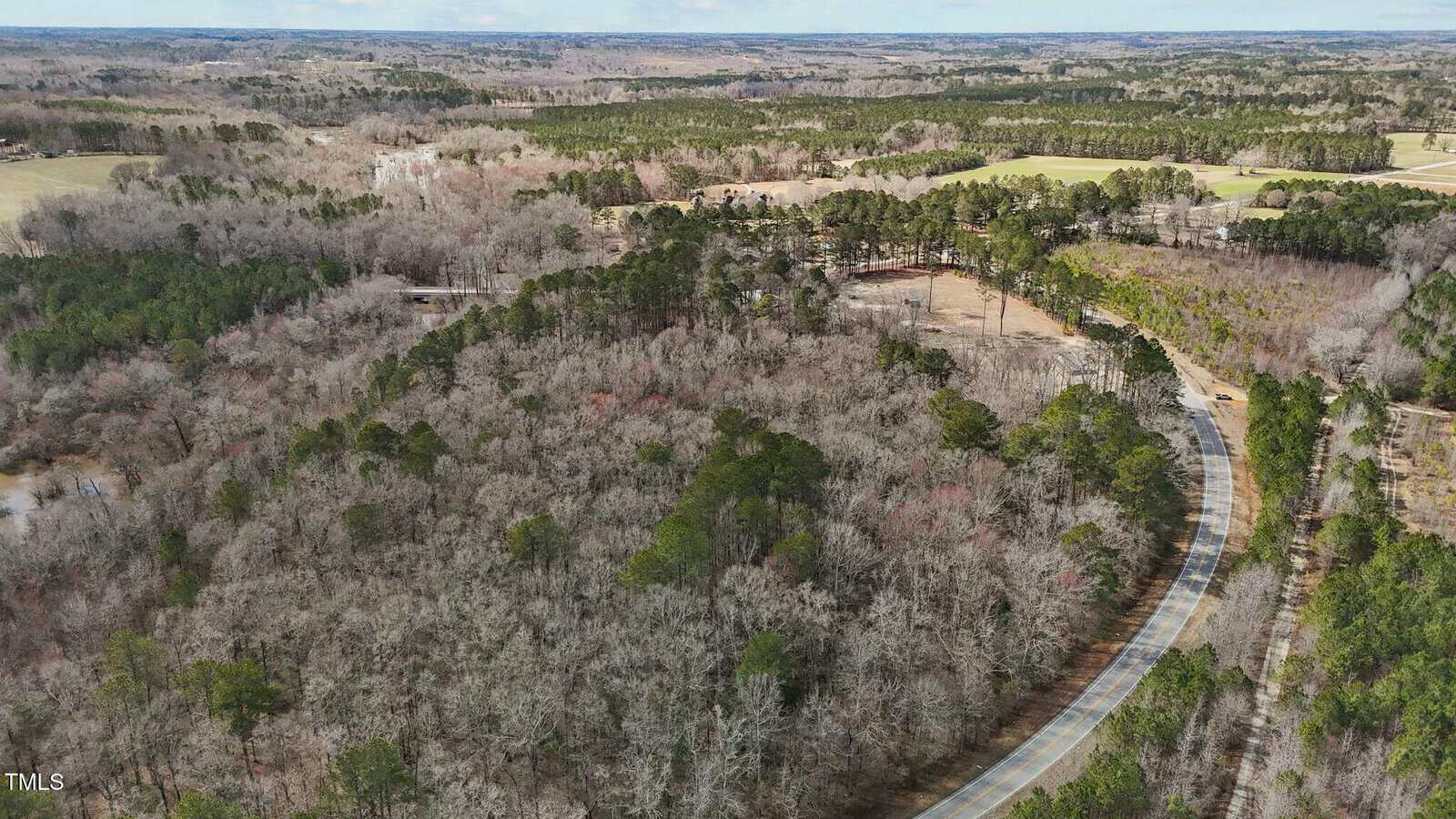 Aerial view of a rural landscape with a winding road through a mostly leafless forest, patches of evergreen trees, and open fields in the background under a partly cloudy sky.