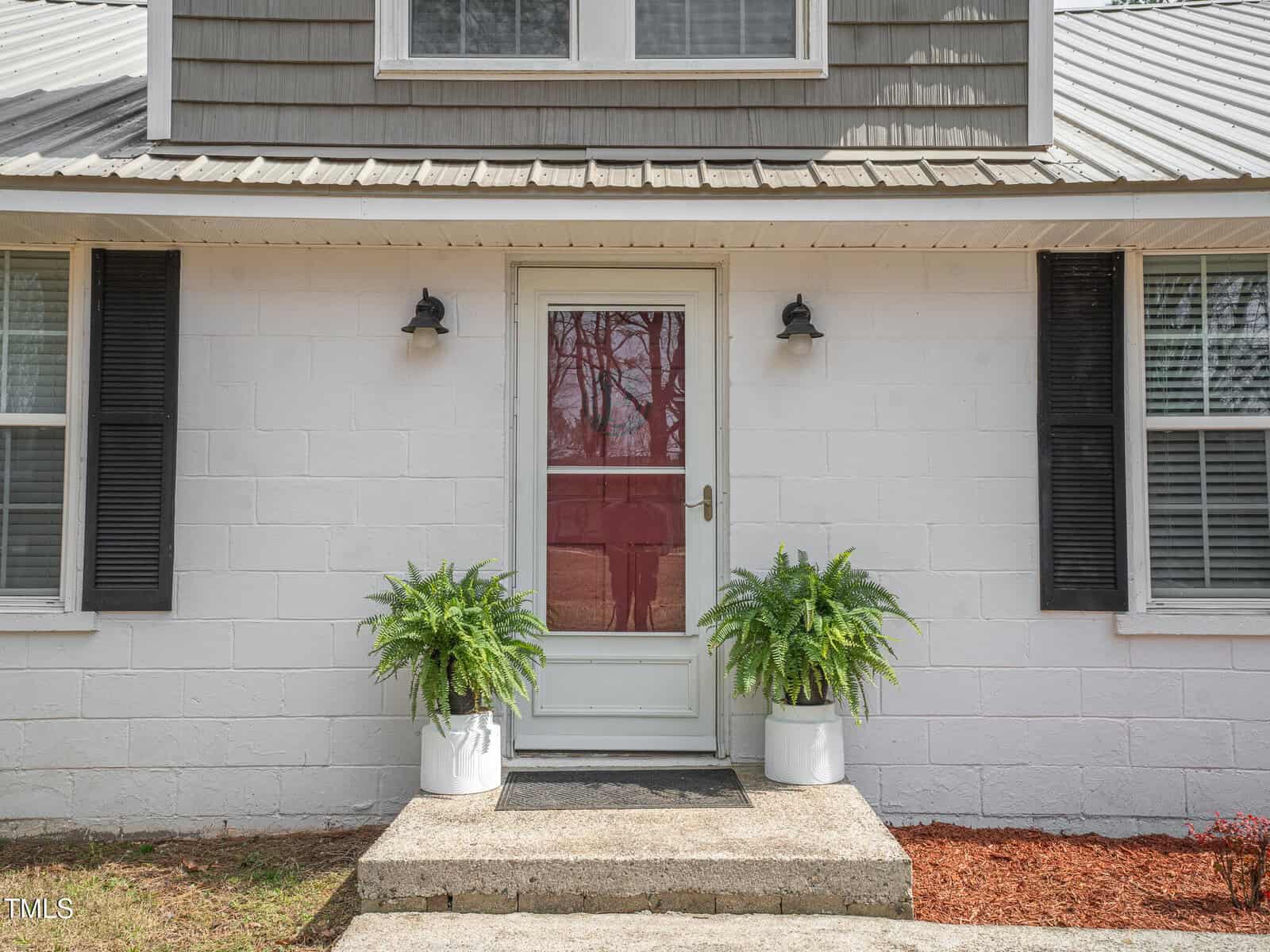 A house entrance with a glass storm door, two black exterior lights, and two potted ferns on either side of the door. The wall is white with black window shutters and a gray metal roof above.