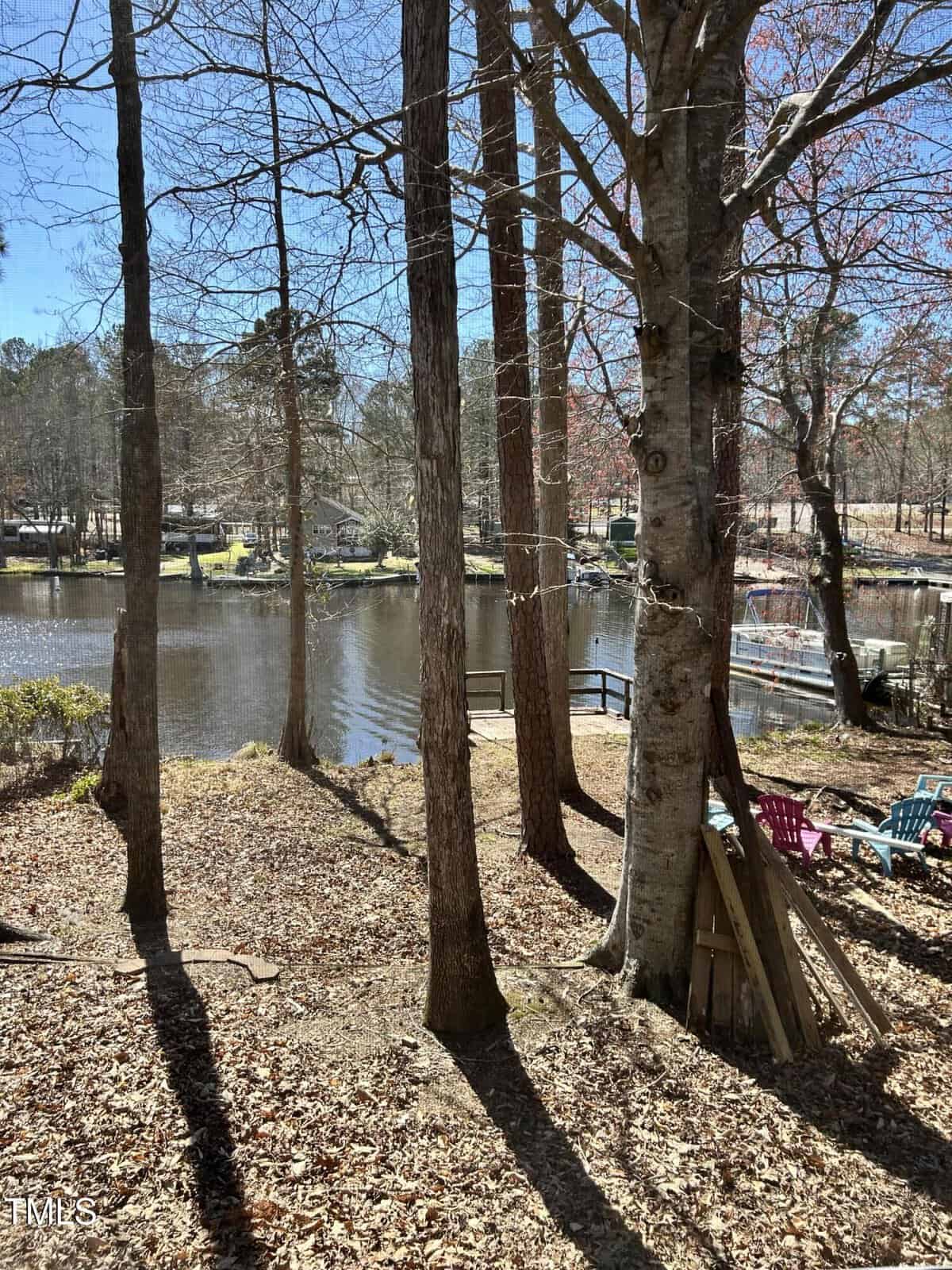 A wooded backyard with tall trees overlooks a calm lake. Leaf-covered ground, a wooden dock, and colorful Adirondack chairs are visible. Houses and trees are seen across the water under a clear blue sky.
