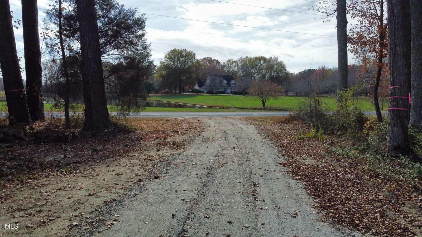 A dirt road lined with trees and scattered leaves leads to a paved road, with a grassy lawn, pond, and a house with white trim visible in the background under an overcast sky.