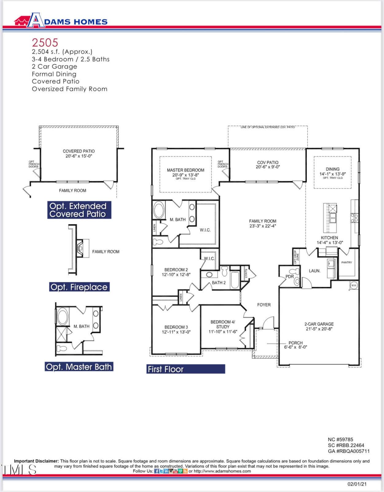 Floor plan for a single-story house labeled "2505" with 4 bedrooms, 2.5 baths, a 2-car garage, formal dining, covered patio, and an oversized family room. Optional features include an extended patio, fireplace, and master bath.