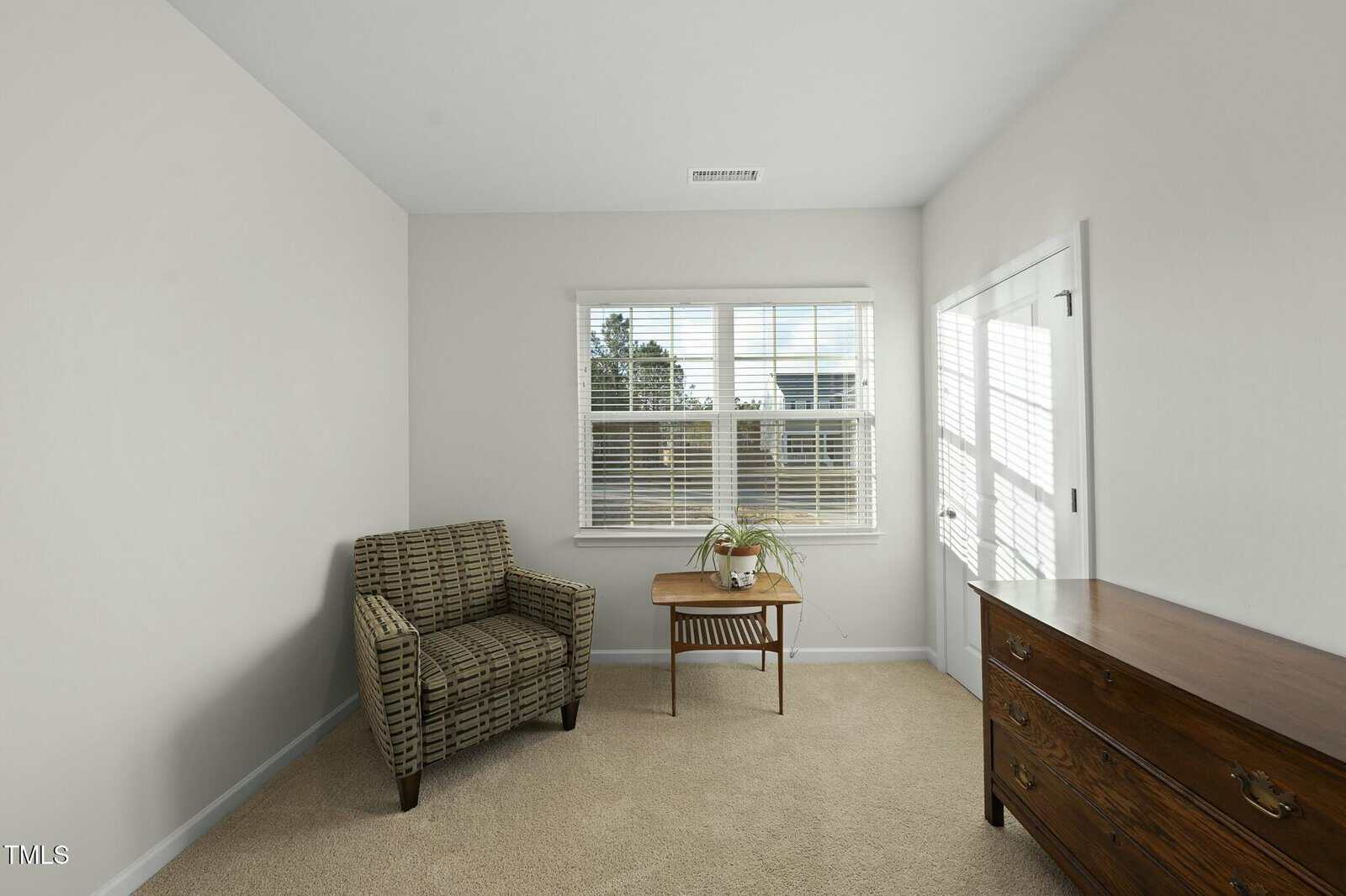 A small room with beige carpet, white walls, a patterned armchair, a wooden side table with a plant, and a wooden dresser. Sunlight streams through the window with white blinds.