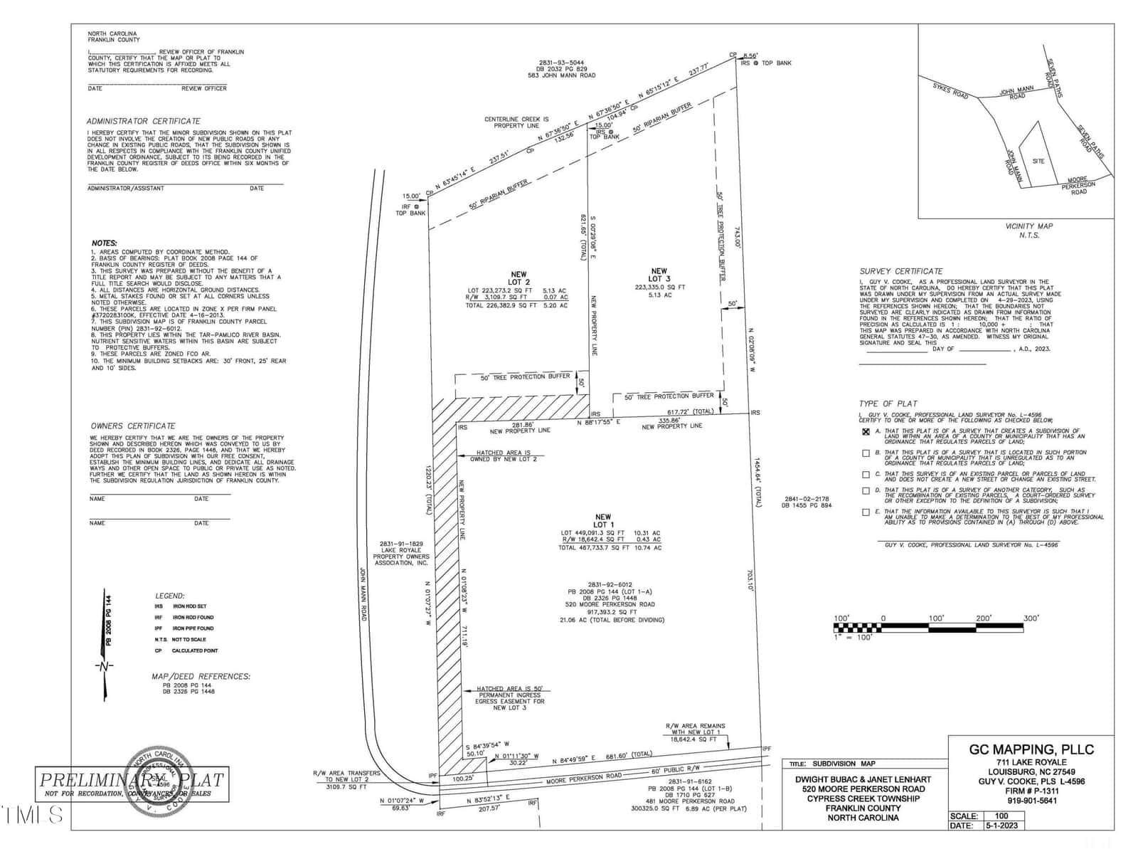A black-and-white survey plat showing property boundaries, lot measurements, easements, certification notes, a vicinity map in the top right corner, and a legend in the bottom left corner. North arrow and scale are included.