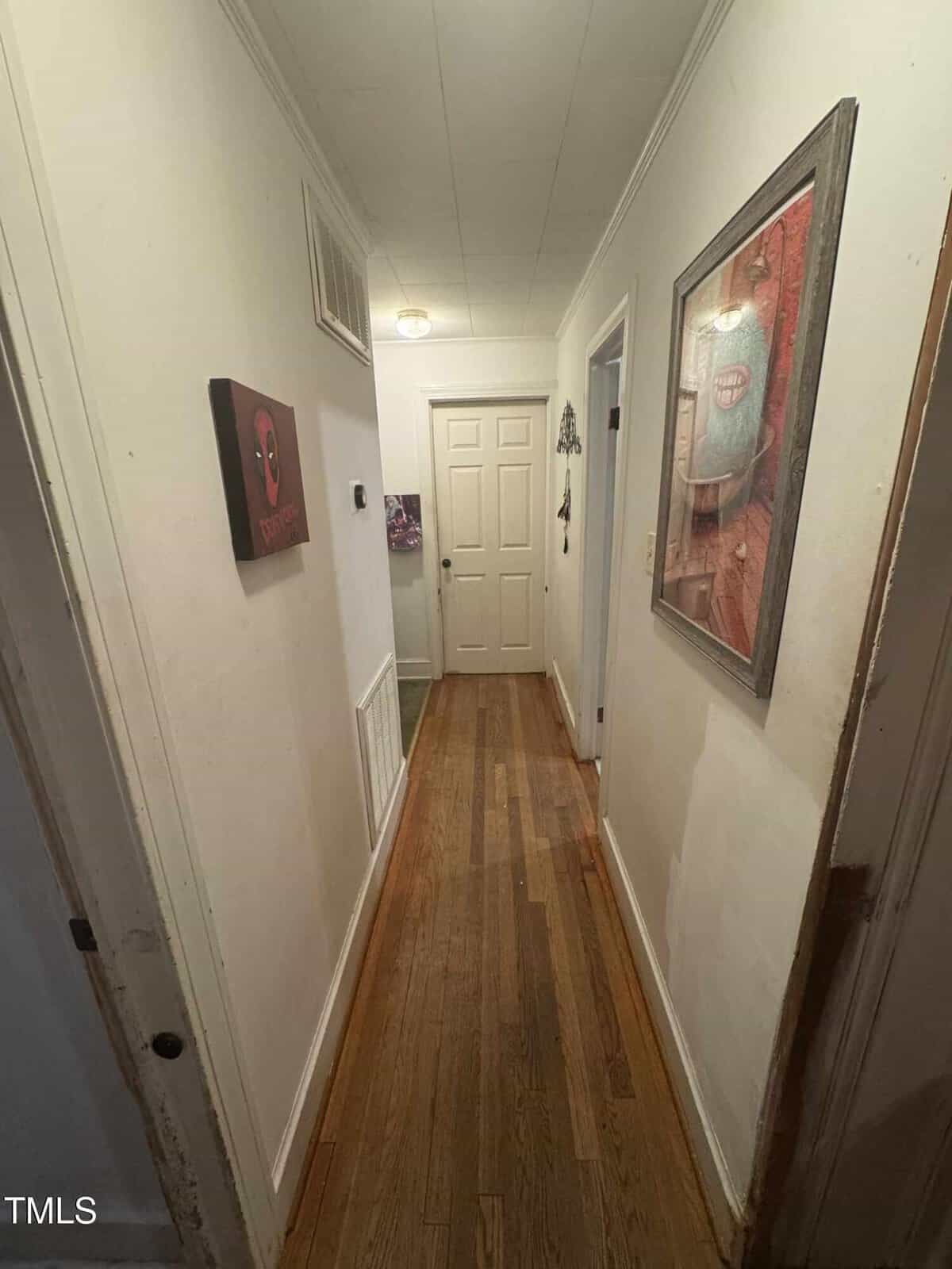 A narrow hallway with wooden flooring leads to a closed white door. Walls are decorated with framed artworks. The ceiling has a recessed light. Doorways are on the right side, and a light switch is visible on the left wall.