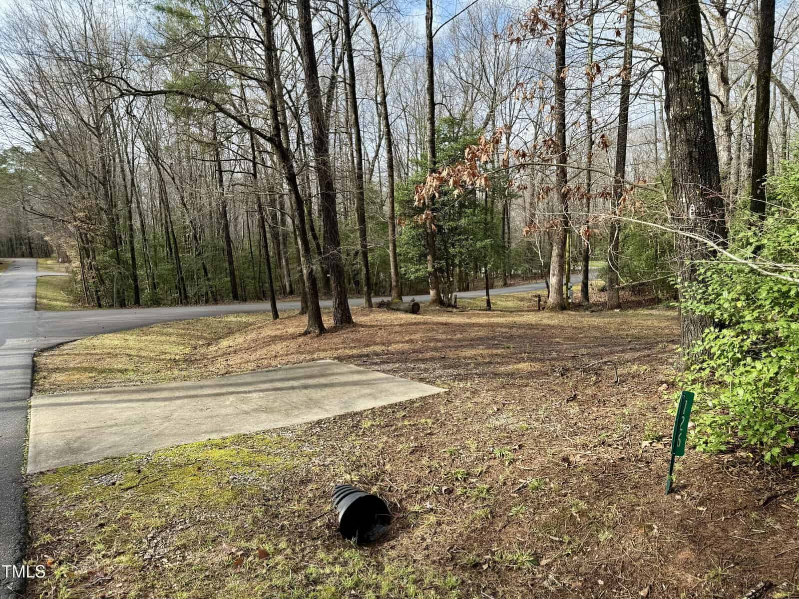 A driveway ends at a quiet road curving through a wooded area with tall trees. Pine needles cover the ground, and a black drainage pipe lies at the edge near some green shrubs. The sky is partly cloudy.