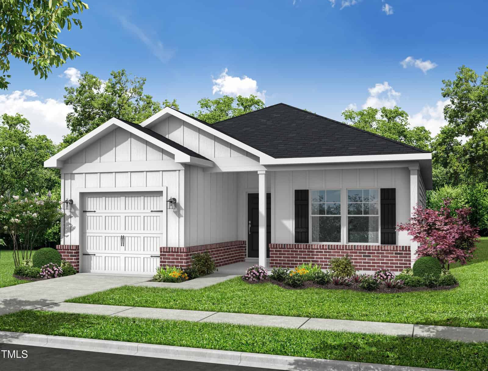 Located at 303 E C Street in Butner, this modern single-story house features white siding complemented by red brick accents and a sleek black shingle roof. It includes a one-car garage and a concrete driveway leading to a yard with vibrant green grass, trimmed bushes, and small trees under a partly cloudy sky.