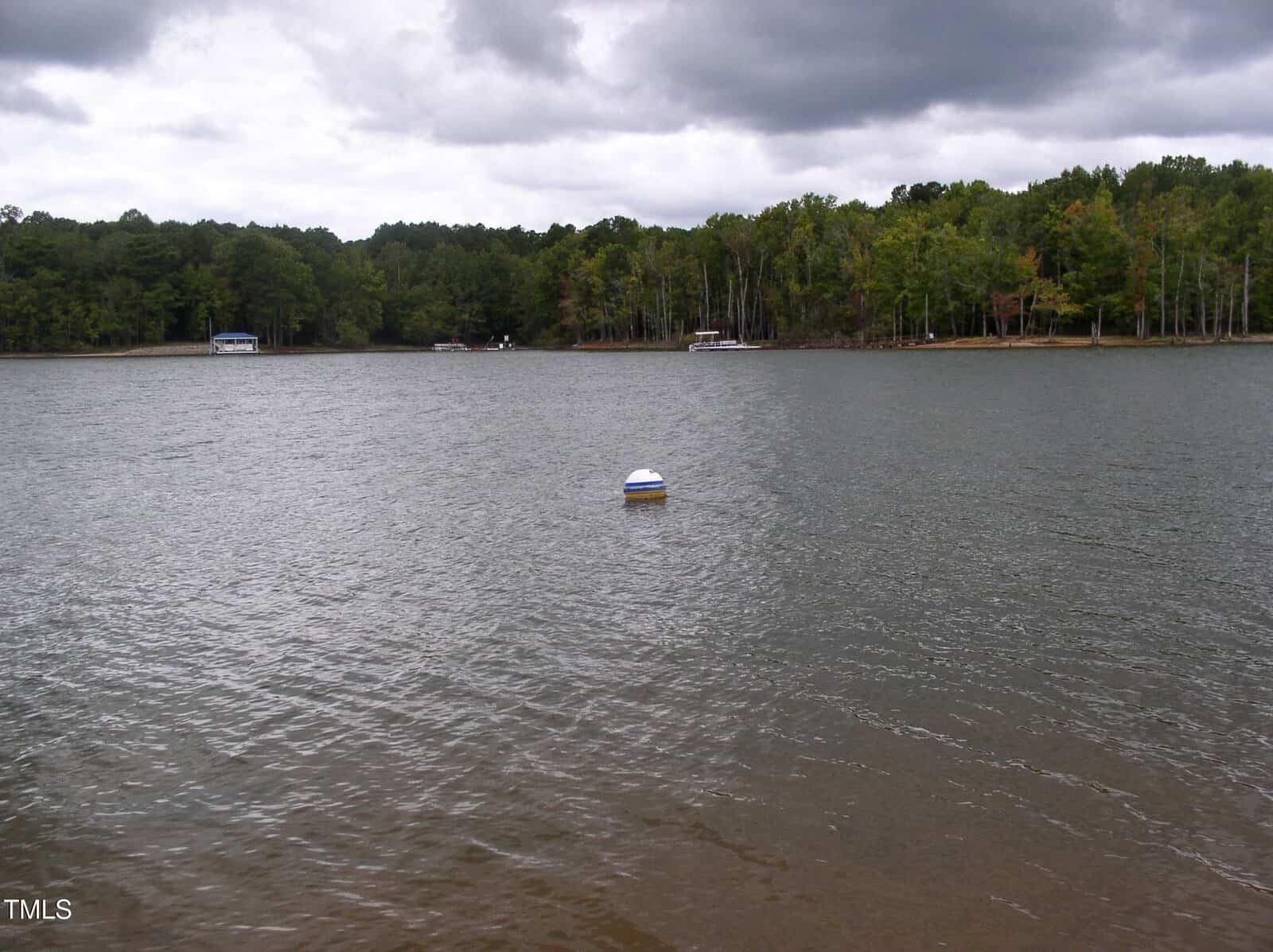 A buoy floats in a lake under a cloudy sky, surrounded by a forested shoreline. Several boats are docked along the water's edge.