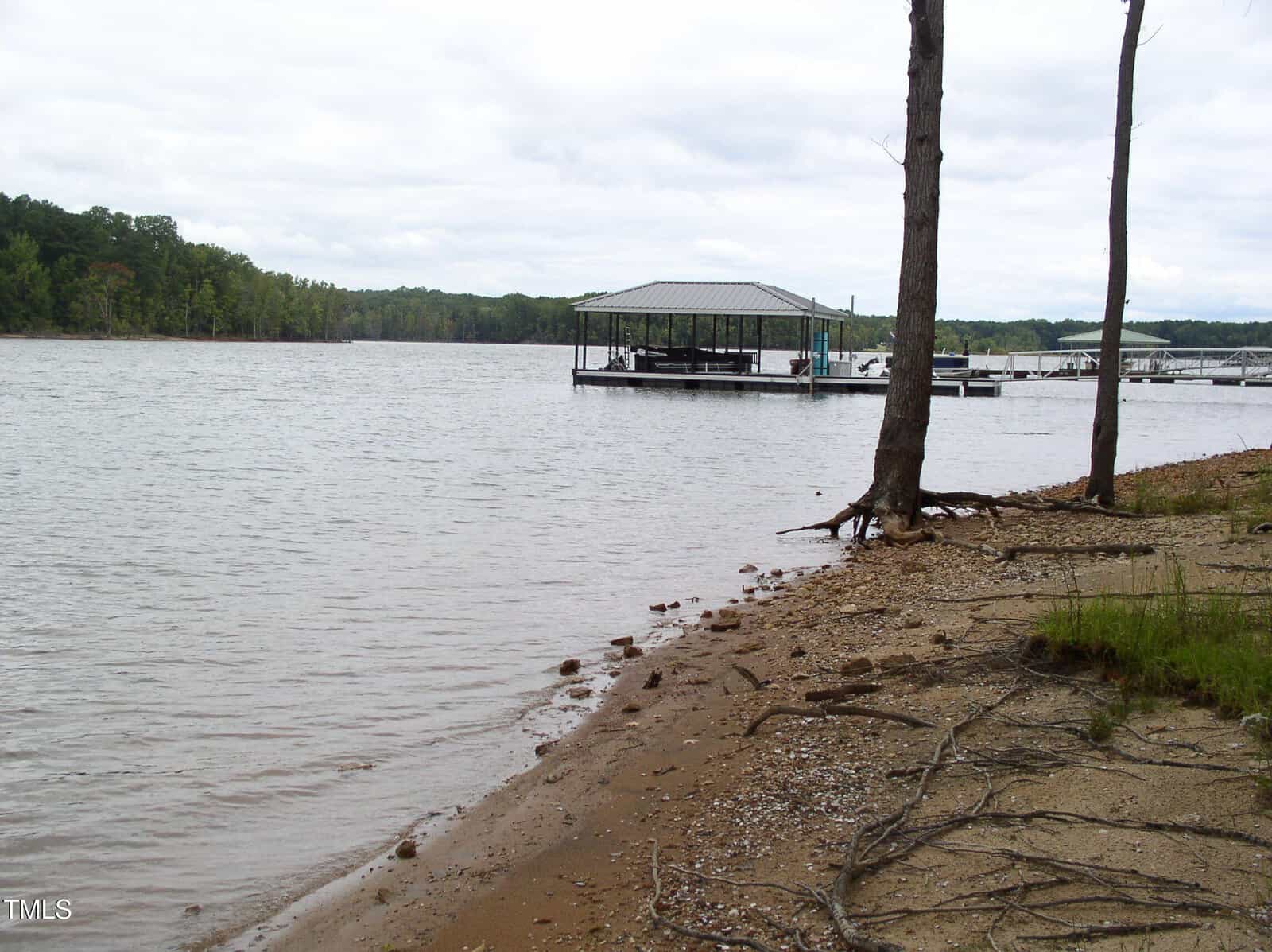 A calm lake with a sandy shore and scattered driftwood. There's a dock extending into the water with a covered structure. Trees line the background under a cloudy sky.