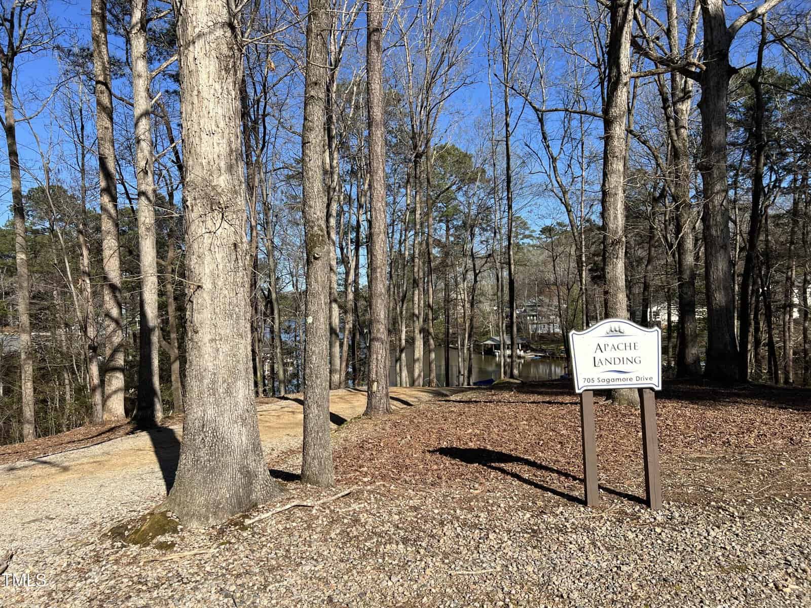 A wooded area with bare trees, a dirt path, and a sign reading “Apache Landing, 205 Sagamore Drive.” A lake and houses are visible in the background under a clear blue sky.