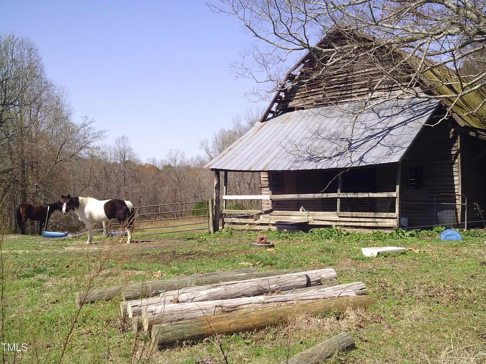 An old wooden barn with a metal roof stands on a grassy area off Barker Rd. Two horses graze in a fenced area nearby, under the watch of logs stacked in the foreground. Bare trees frame this tranquil scene near Henderson, beneath a clear blue sky.