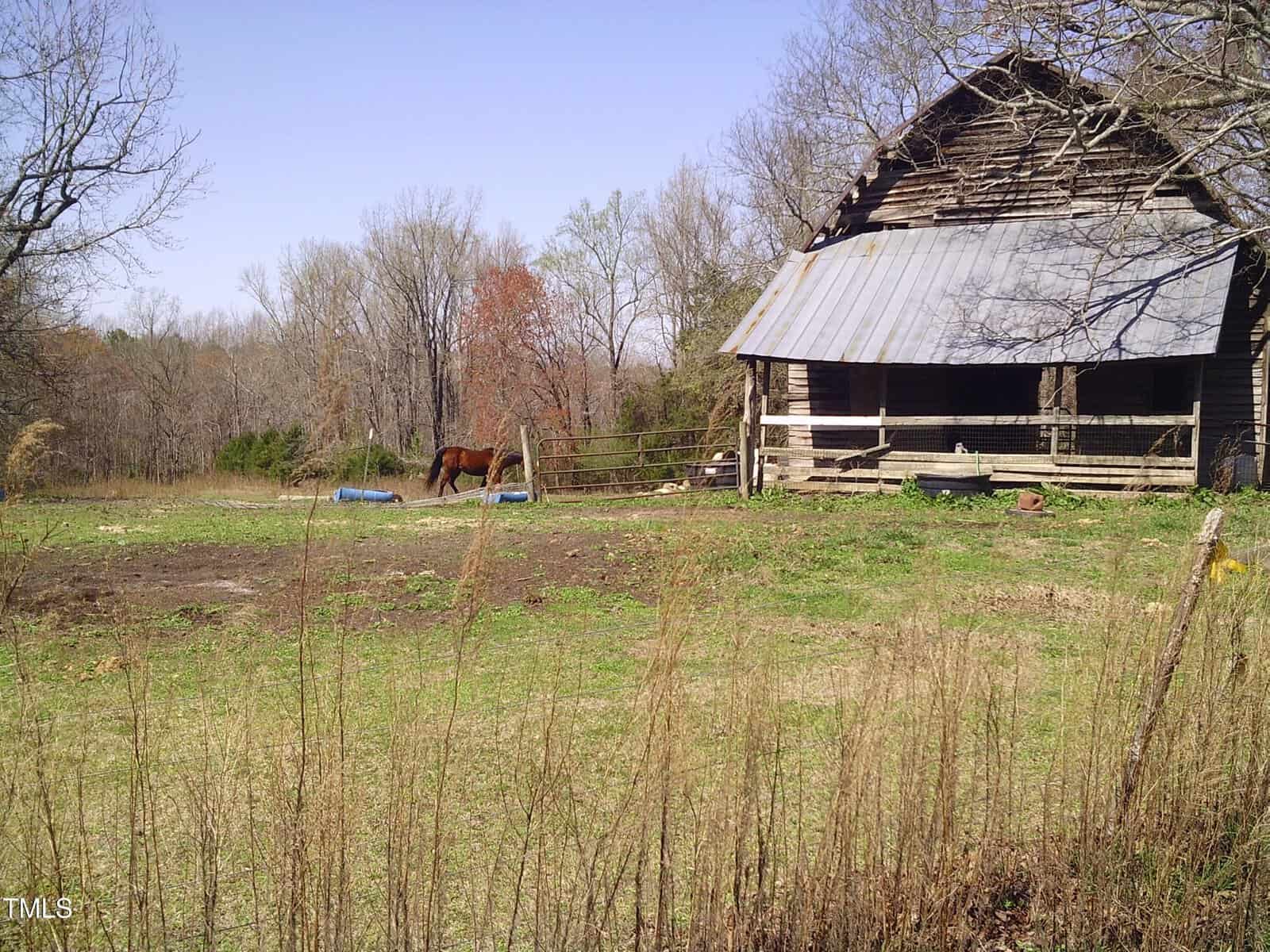 A rustic, weathered barn with a metal roof stands in a grassy area. A horse grazes nearby, with a wooden fence separating the barn from the open field. Sparse trees border the background under a clear blue sky.