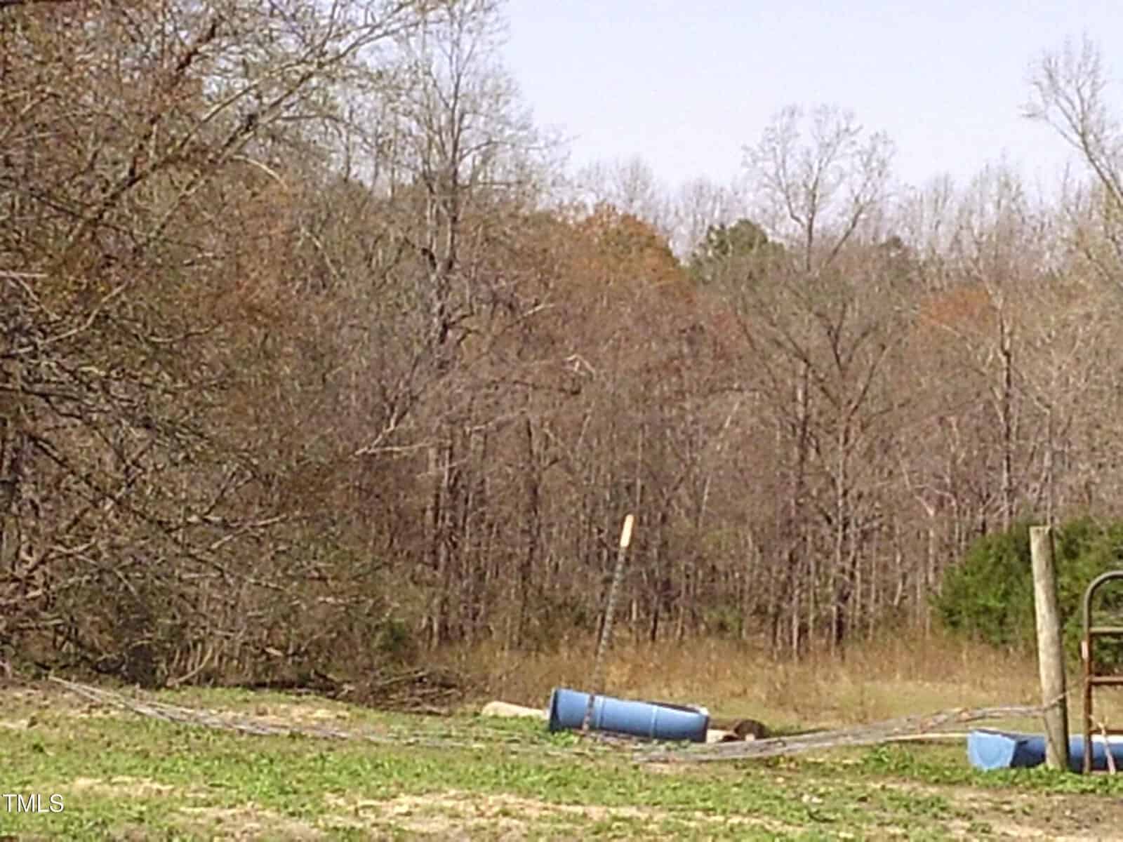 A rural scene with a bare deciduous forest in the background and grassy fields in the foreground. A fallen blue barrel and a broken fence are visible, along with a single wooden post. The sky is overcast.