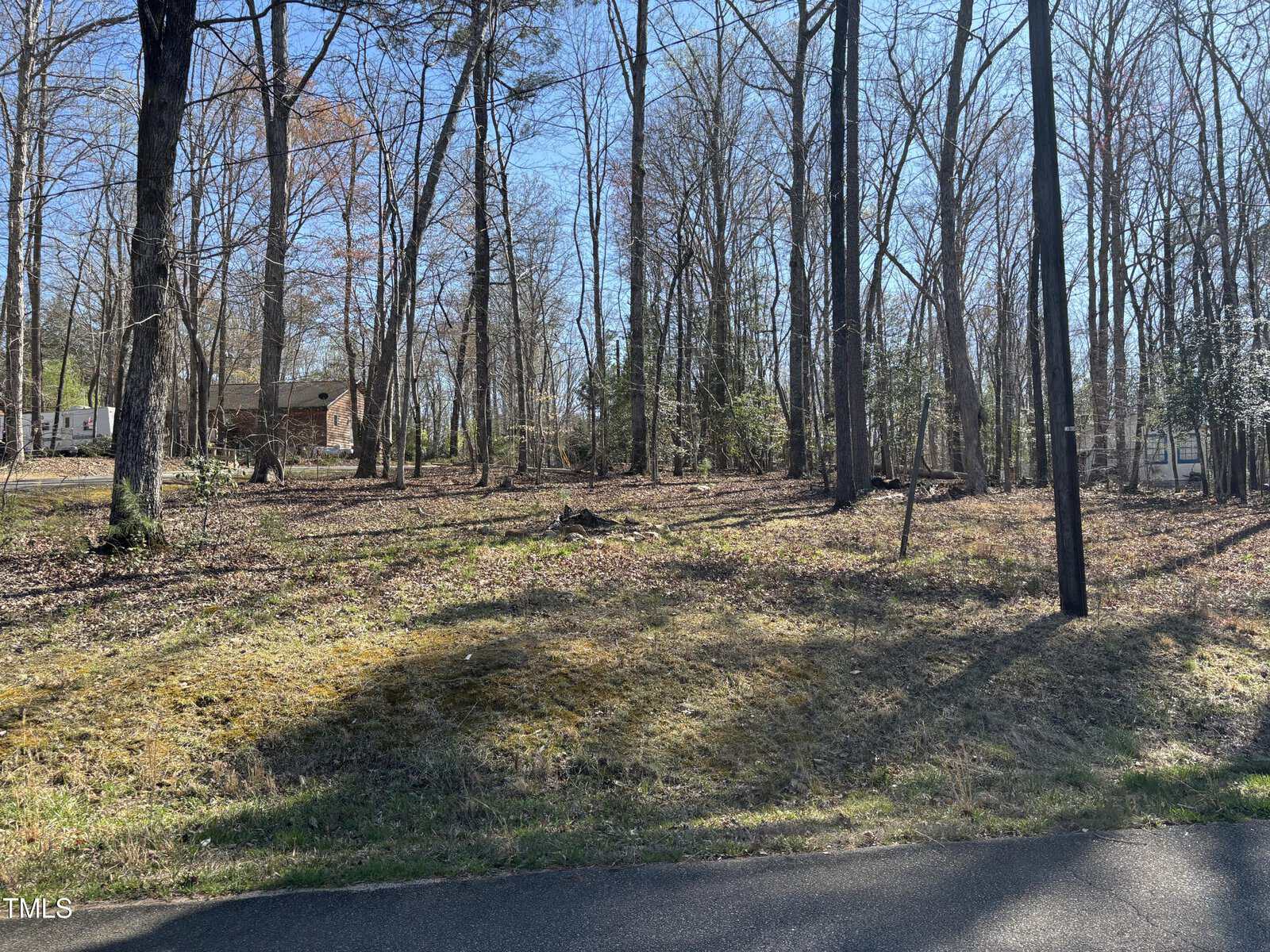A wooded, sloped lot with scattered trees, sparse grass, and patches of bare ground. A house and a trailer are visible in the background, and a paved road runs along the foreground.