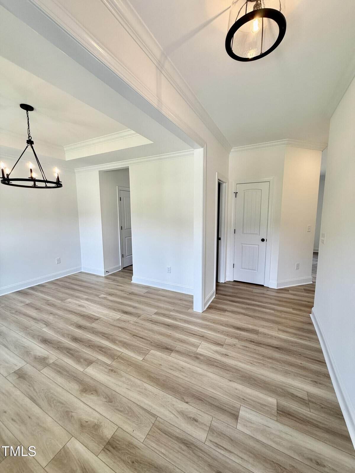 Bright empty room with light wood flooring, white walls, two black metal light fixtures on the ceiling, and multiple white doors leading to adjoining rooms. Natural light enters from an unseen window.