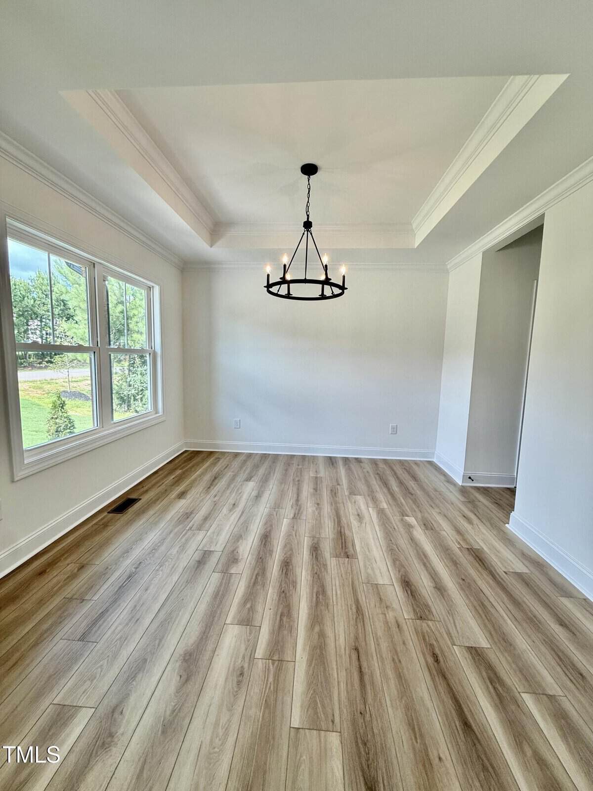 A bright, empty room with light wood flooring, white walls, a tray ceiling, a black metal chandelier, and large windows on the left letting in natural light.