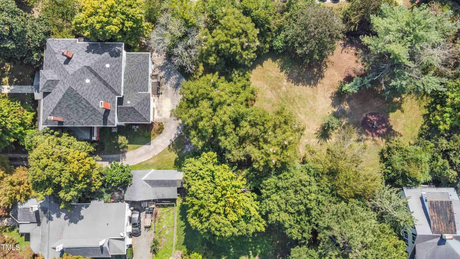 Aerial view of a suburban area featuring two houses with dark roofs surrounded by green and dense trees. There is a small yard with grass between the houses. A narrow driveway leads to the house on the left.