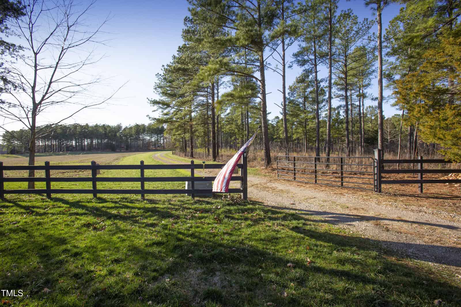 A rural scene with a gravel path running through a landscape of tall pine trees. A black wooden fence follows the path, and an American flag is draped over the fence. The sky is clear and blue.