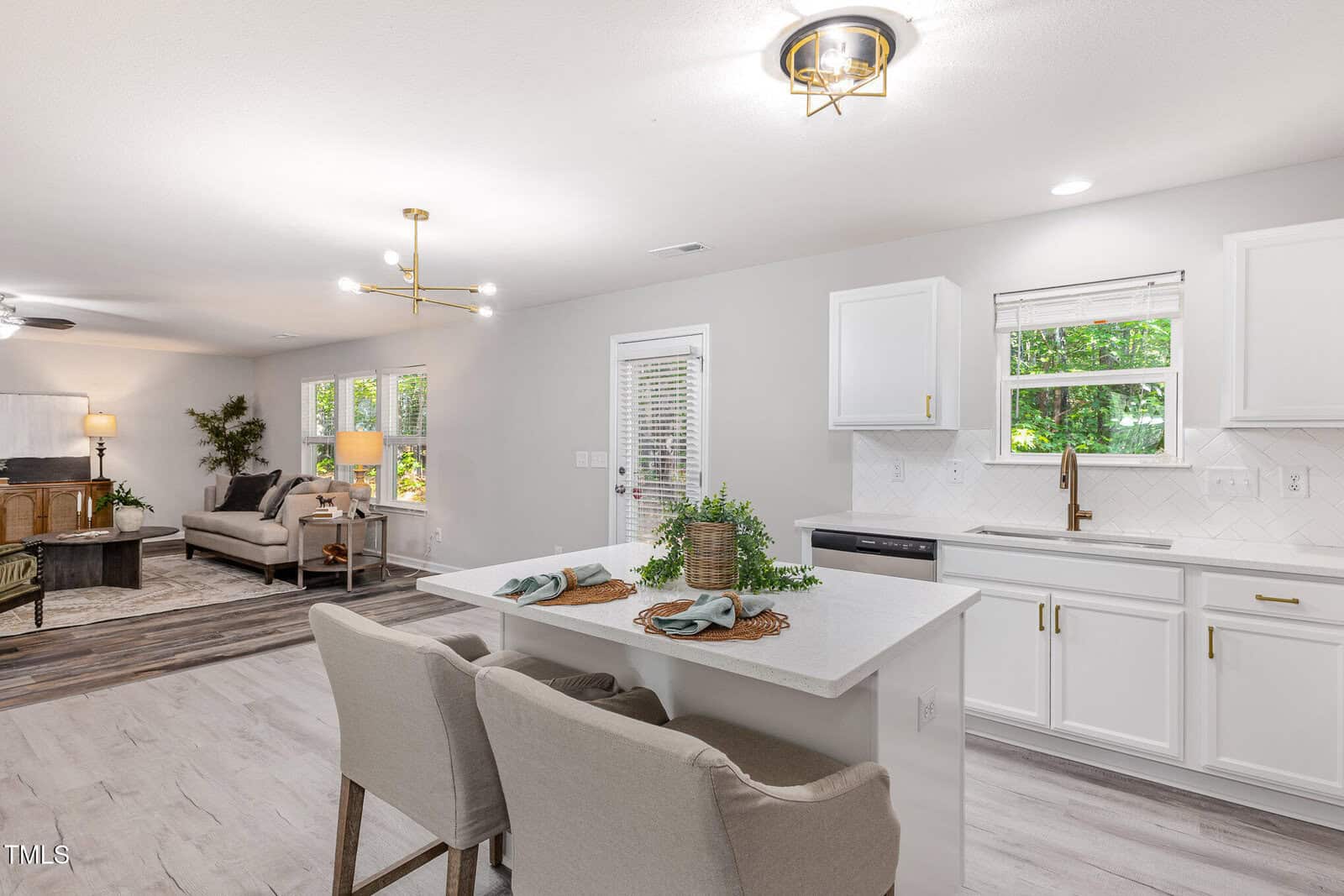 A modern, open-concept living space with a white kitchen featuring an island set for two, light gray cushioned chairs, and a living area with a sofa, rug, and decorative plants. Natural light enters through windows.