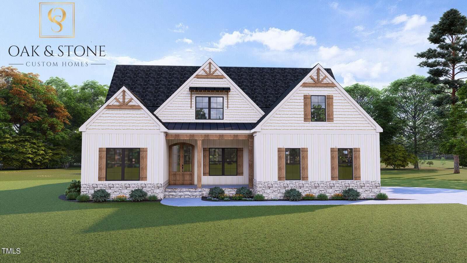 A single-story house in Franklinton, located at 3400 River Manor Court, boasts white siding, stone accents, and a dark grey shingled roof. The front features a wooden door, three peaked gables, and landscaped bushes. Nestled on a grassy lawn with trees behind it. Logo reads "Oak & Stone Custom Homes.