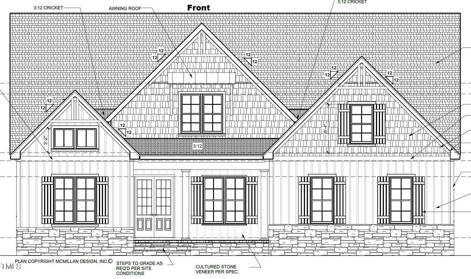 Architectural blueprint of a single-story house front elevation, featuring a central gable with two smaller gables on either side. The house includes five windows, a centered double door, and a combination of siding and stone veneer exterior.