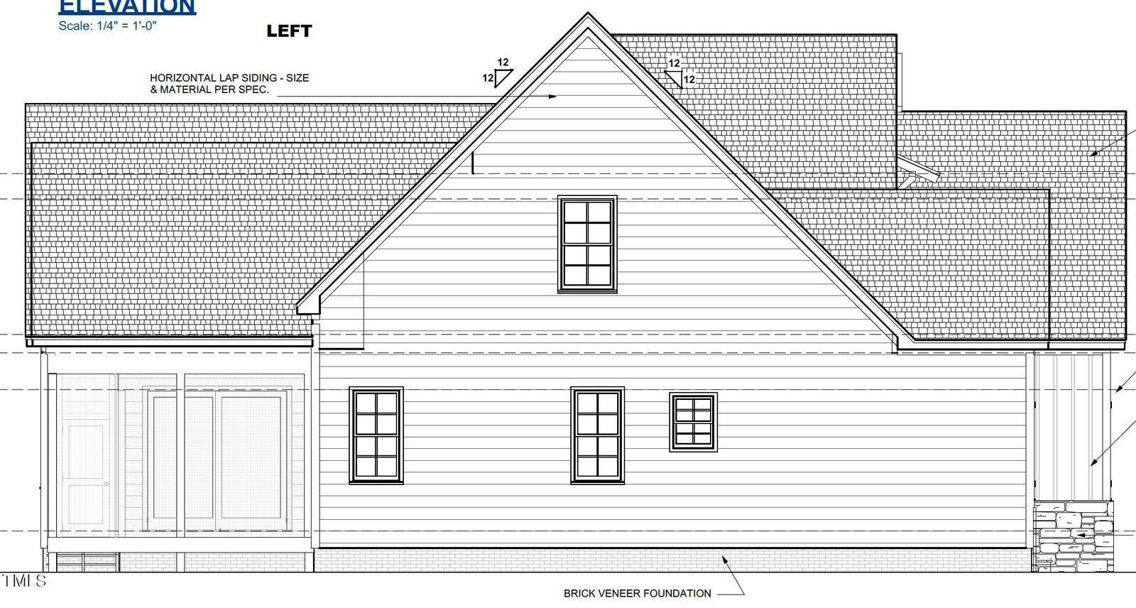 Architectural blueprint labeled "LEFT ELEVATION" showing the side view of a house. The design features a triangular roof, horizontal lap siding, three windows, and a section designated for brick veneer foundation. Scale is 1/4" = 1'-0".
