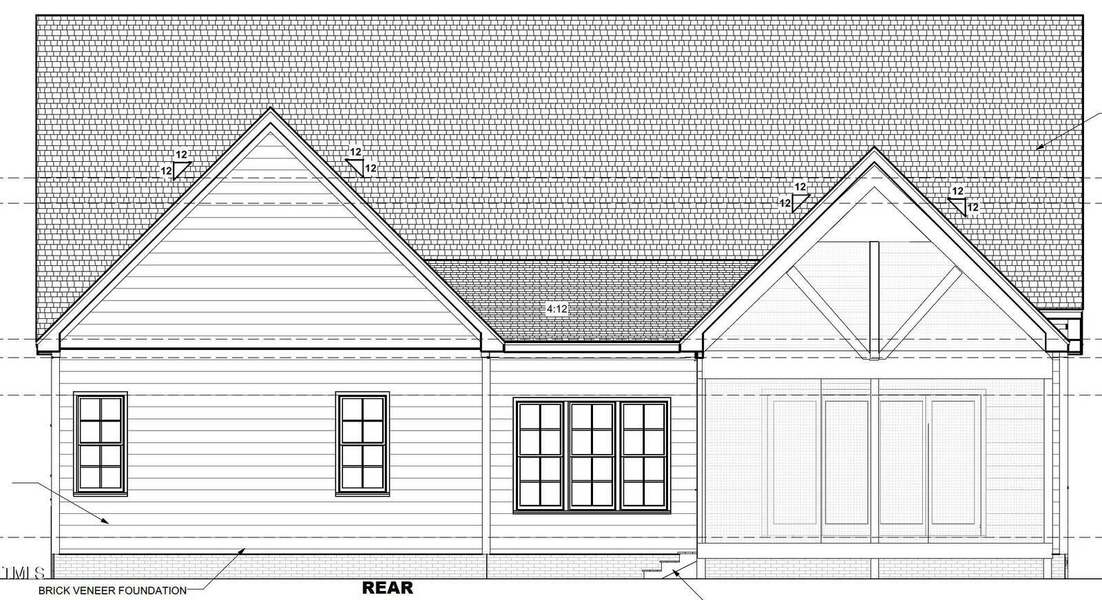 Architectural drawing of the rear view of a house. The design features a pitched roof with shingles, three visible windows, and a door outlined on the right. The walls display horizontal siding, and various construction notes are annotated.