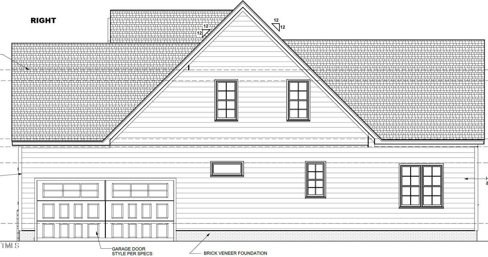 Architectural drawing of the right side view of a house with a pitched roof. Features include a double garage door, several windows, horizontal siding, and a brick veneer foundation. Roof angles and dimensions are noted.