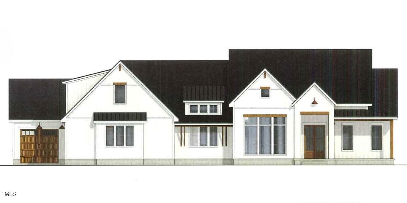 Architectural rendering of a modern, single-story house with white exterior walls, black gable roofs, large windows, and a wooden garage door on the left side.