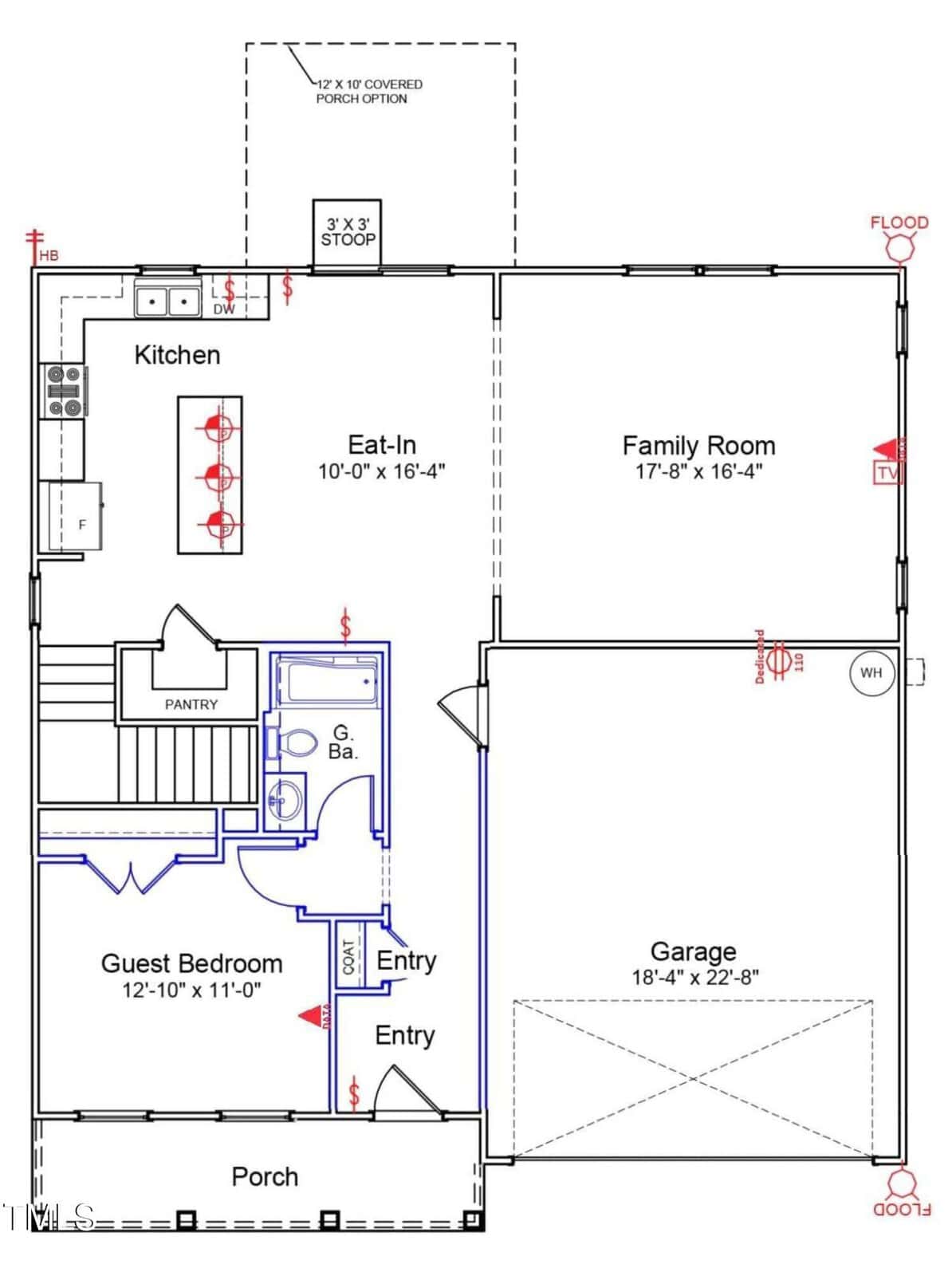 A floor plan shows a kitchen, eat-in area, family room, guest bedroom, bathroom, pantry, entry, and garage. The porch and a covered porch option are at the front. Stairs and storage areas are also labeled.