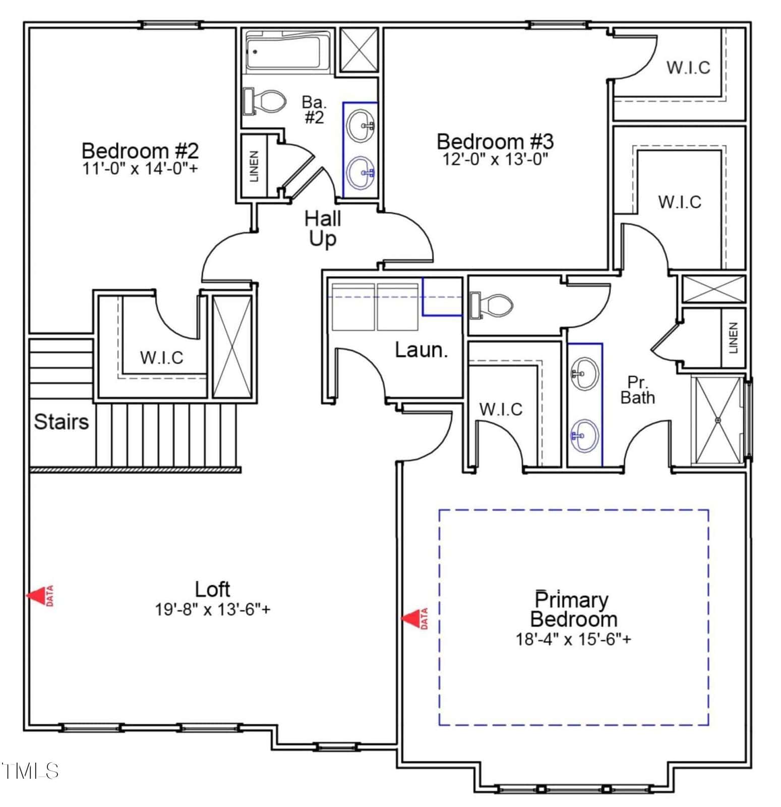 Floor plan showing an upper level with three bedrooms, two bathrooms, a laundry area, a loft, linen closets, walk-in closets, and stairs. The primary bedroom has an en suite bathroom and two walk-in closets.