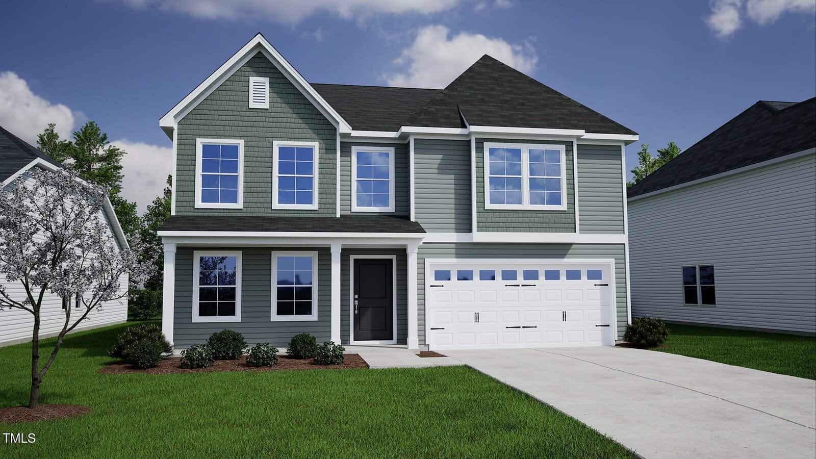 A two-story house with green siding, white trim, and a dark roof. The home has a double garage, a front lawn with shrubs, a tree on the left, and a concrete driveway leading to the street.