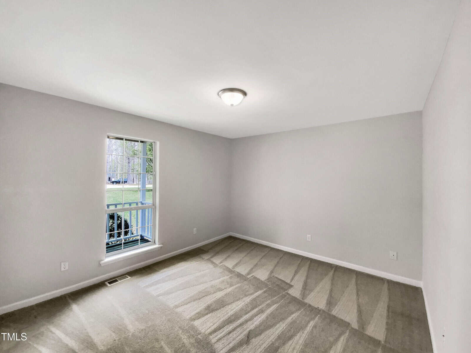 Empty room with light gray walls, beige carpet, a central ceiling light, and a large window letting in natural light. The window shows a view of green grass outside. Electrical outlets are visible on the walls.