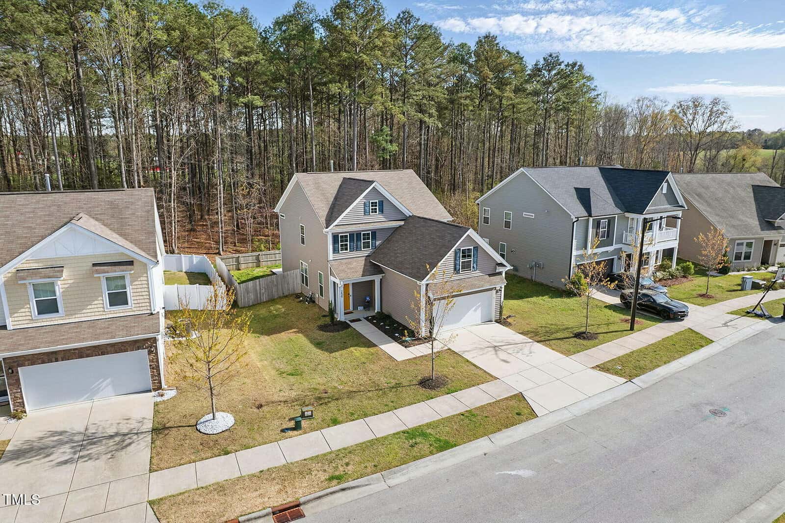 Aerial view of a suburban street in Franklinton with three two-story houses, garages, driveways, and small front lawns. The homes, including 250 Hawksbill Drive, back up to a tree line. The street is clean and quiet under a partly cloudy sky.