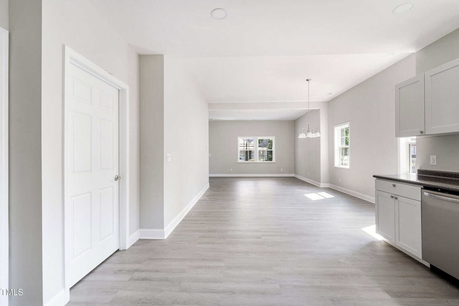 Spacious empty room with light gray walls and wood flooring. A white door is to the left, and a kitchen area is to the right with a countertop and sink. Large windows allow natural light to enter, with hanging light fixtures visible.