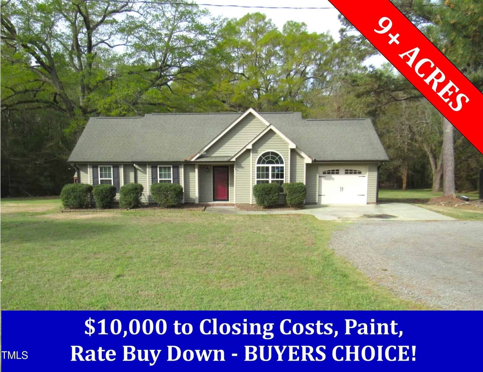 Charming single-story house with gray siding and attached garage at 126 Creedmoor Road, surrounded by trees and bushes. A banner in the corner reads "9+ ACRES." Text at bottom offers $10,000 for closing costs, paint, or rate buy down through Stem.