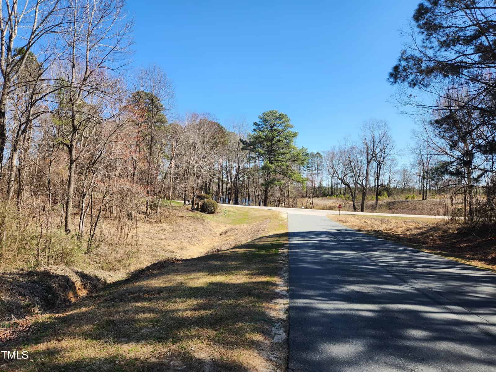 A paved road curves to the right through a rural area near 3004 US 401 Highway S, Louisburg, with leafless trees and patches of grass under a clear blue sky. The scene is quiet, with no vehicles or people visible.