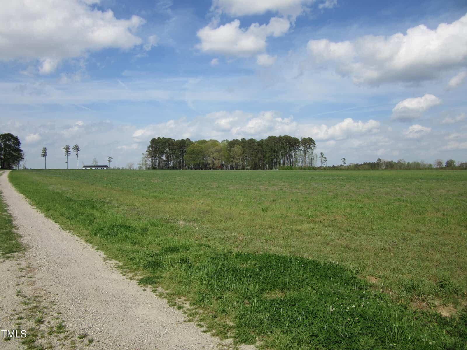 A gravel path curves through a large grassy field under a partly cloudy sky. In the background, a cluster of tall trees stands near the horizon.