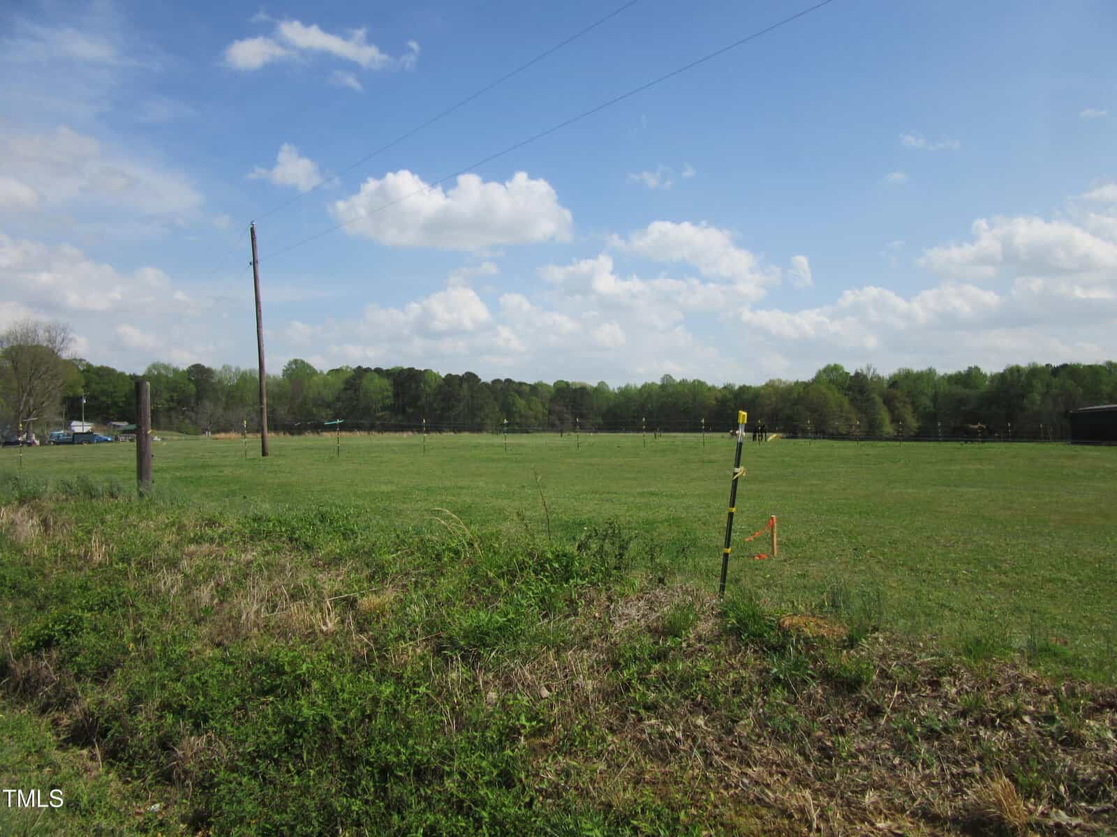 A grassy field with scattered trees in the distance, a few utility poles, and a wire fence. The sky is partly cloudy with blue and white clouds. Orange marker flags are visible near the fence.