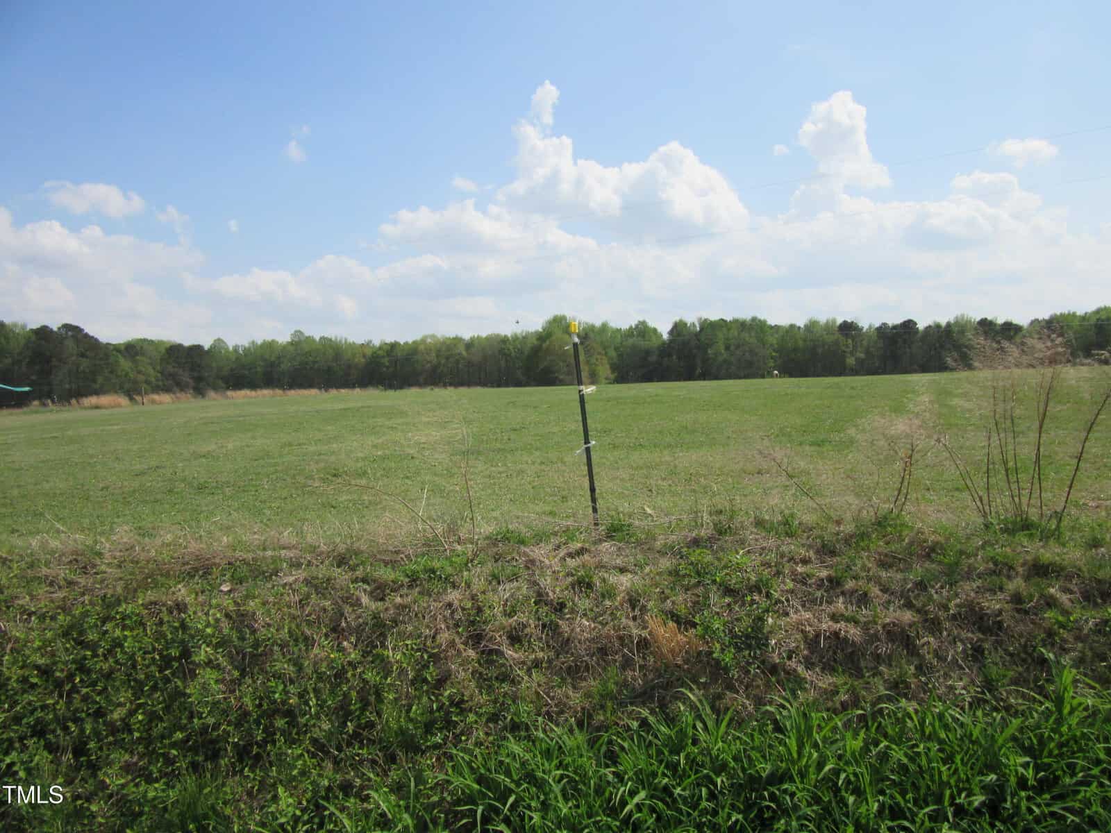 A grassy open field with a single fence post in the center, bordered by a line of trees in the distance under a partly cloudy sky. Some wild plants grow along the foreground.