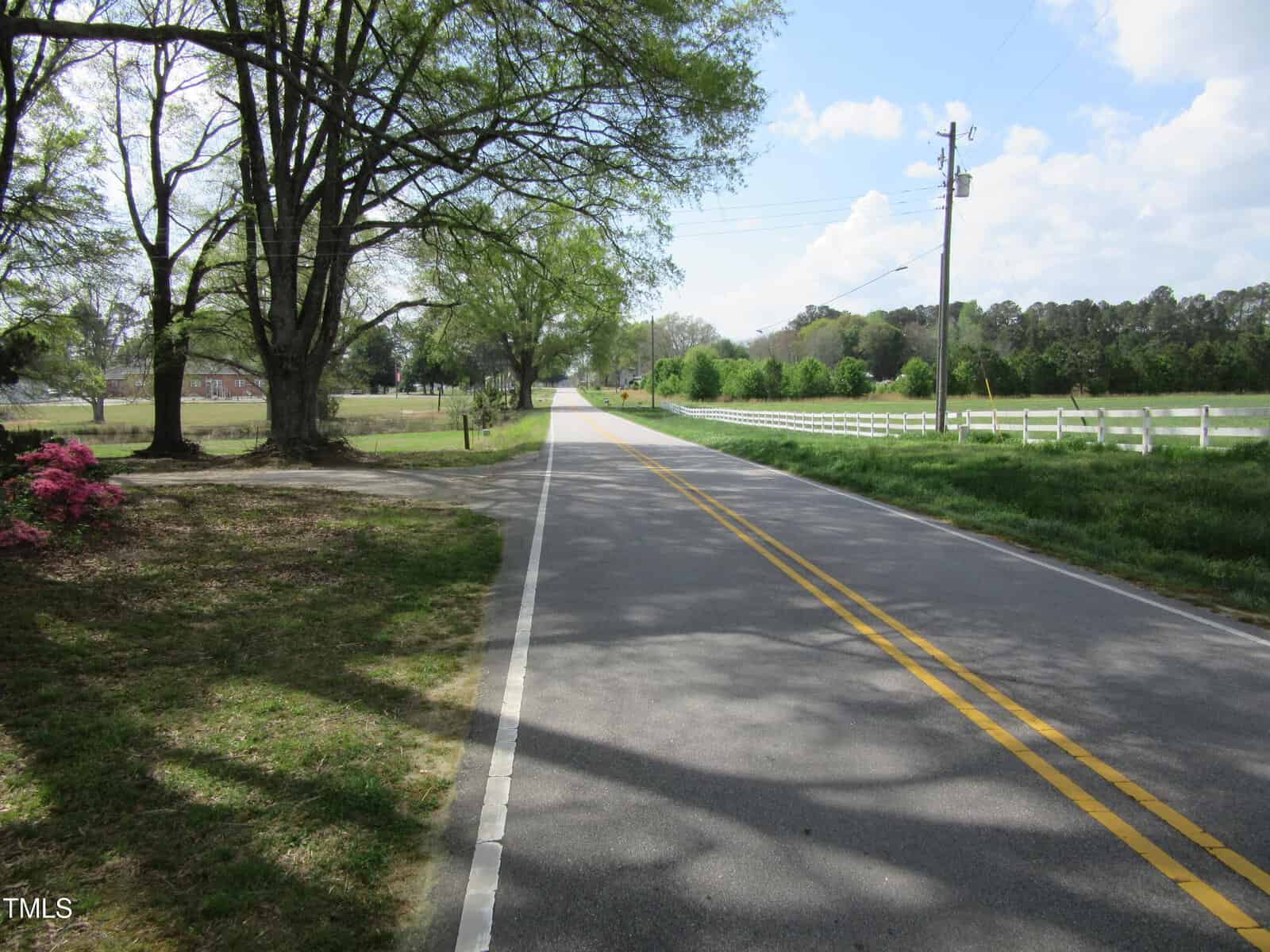 A two-lane rural road with double yellow lines runs alongside a grassy area with trees and a white fence. Pink flowers are visible on the left, and the sky is partly cloudy.