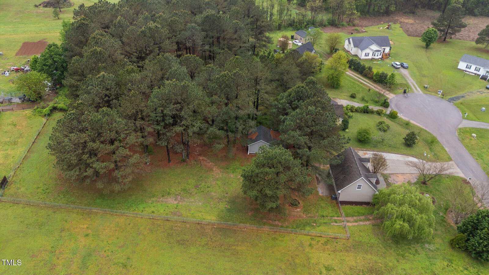 Aerial view of a residential area with houses, a cul-de-sac, and a cluster of tall trees in a fenced yard. The landscape is green with patches of grass and trees scattered throughout.