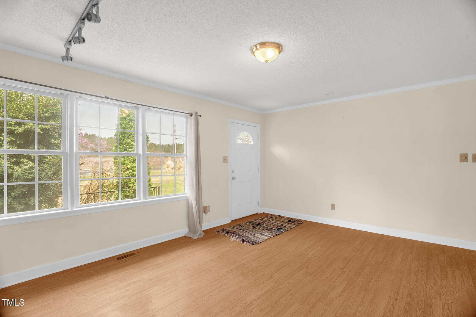 A bright, empty room with light-colored walls and wooden flooring. On the left, a large window with curtains overlooks a garden. On the right, a white door with a decorative glass pane is near a small rug on the floor. A ceiling light is centered above.