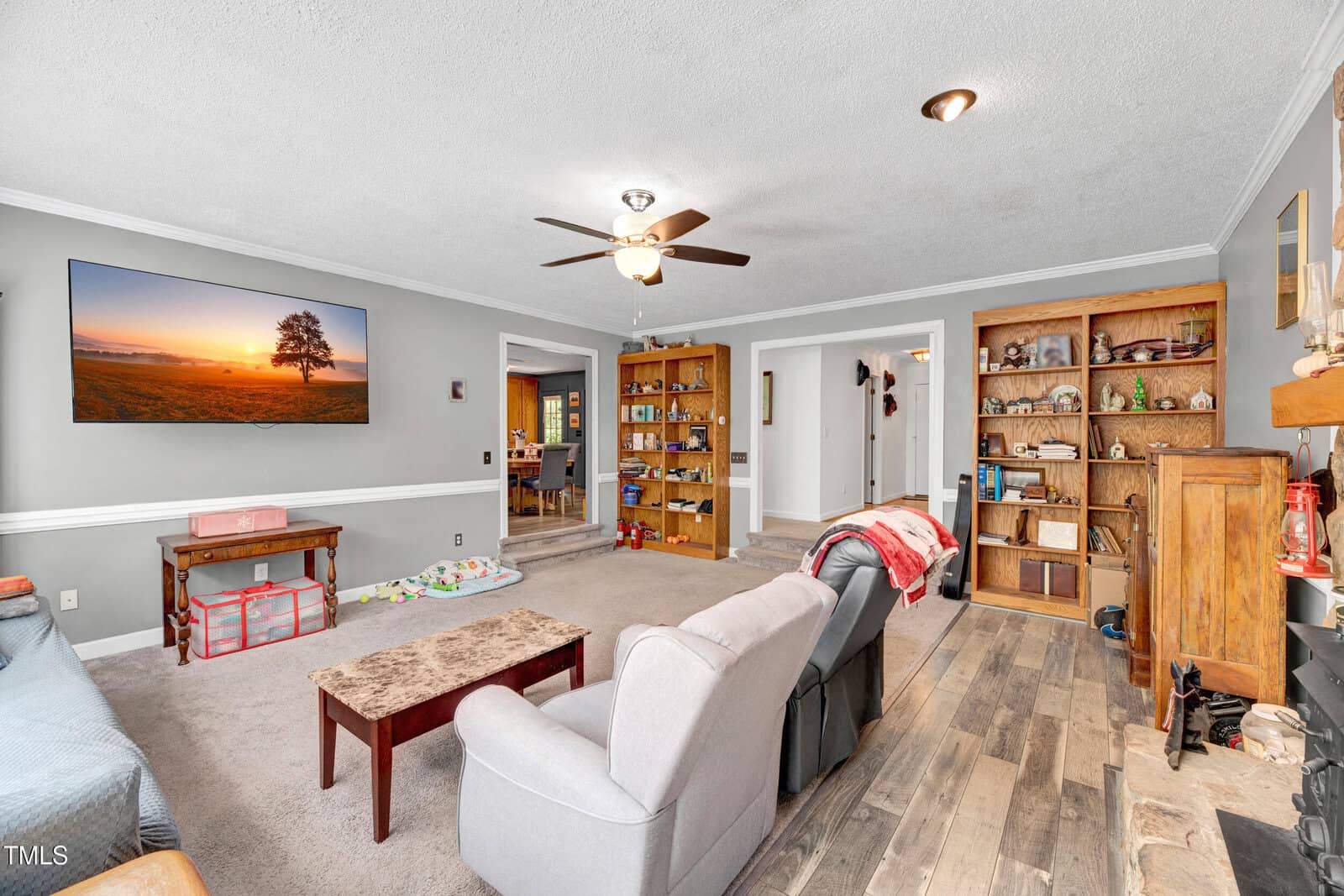 Living room with gray carpet and walls, a ceiling fan, a large TV displaying a sunset scene, a couch, armchairs, wooden bookshelves, various decorations, a fireplace, and an open doorway to another room.