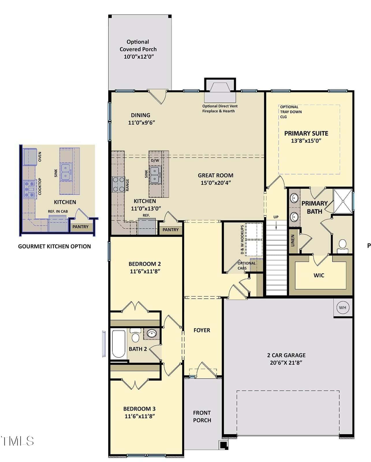 Floor plan of a single-story house with three bedrooms, two bathrooms, a kitchen, dining area, great room, laundry, two-car garage, an optional covered porch, and a walk-in closet in the primary suite.