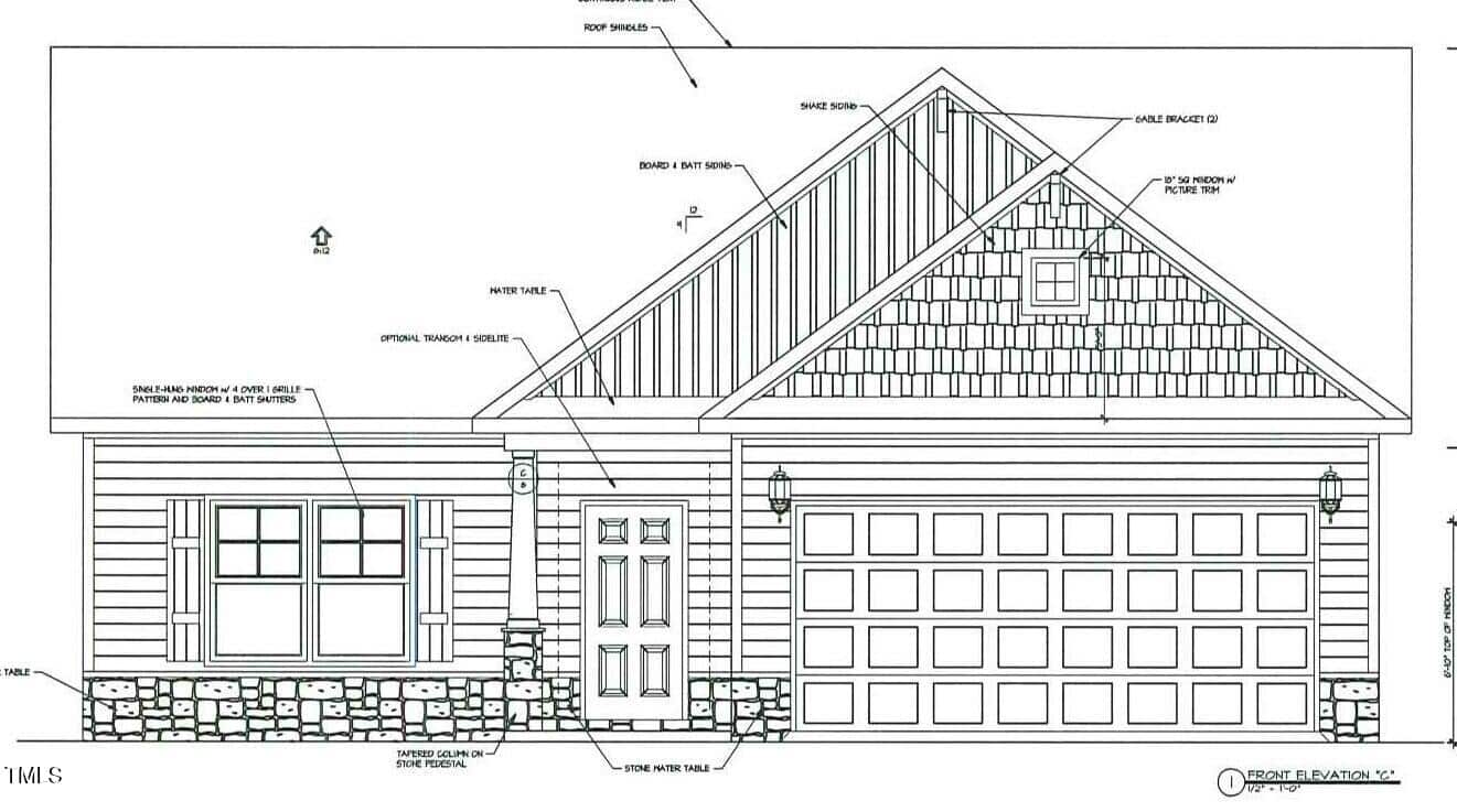 Black and white architectural drawing of a single-story house with a gable roof, double garage door, front porch, main entrance door, and multiple labeled exterior design details.