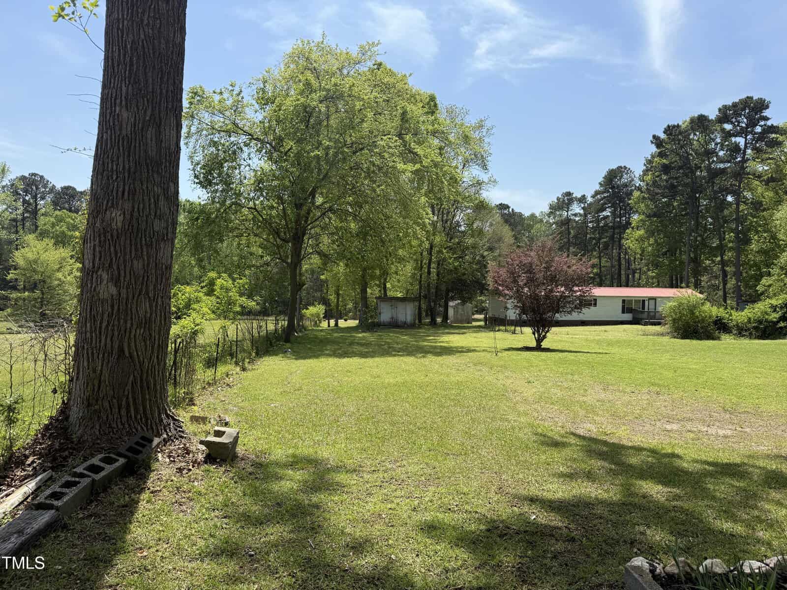 A grassy yard with a large tree on the left, a chain-link fence, and a white house with a red roof in the background. There are scattered concrete blocks and trees surrounding the area under a blue sky.