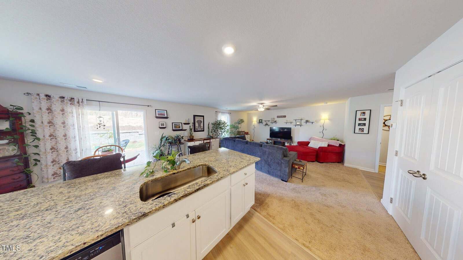 Open-concept living area with a granite kitchen island, beige carpet, white walls, two couches, TV, and sliding glass doors leading outside. Plants and decorative items are placed throughout the space.