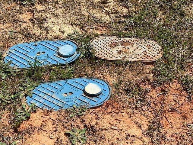 Three utility covers set in the ground, two blue plastic water meter covers and one rectangular metal cover, surrounded by grass and patches of bare soil.