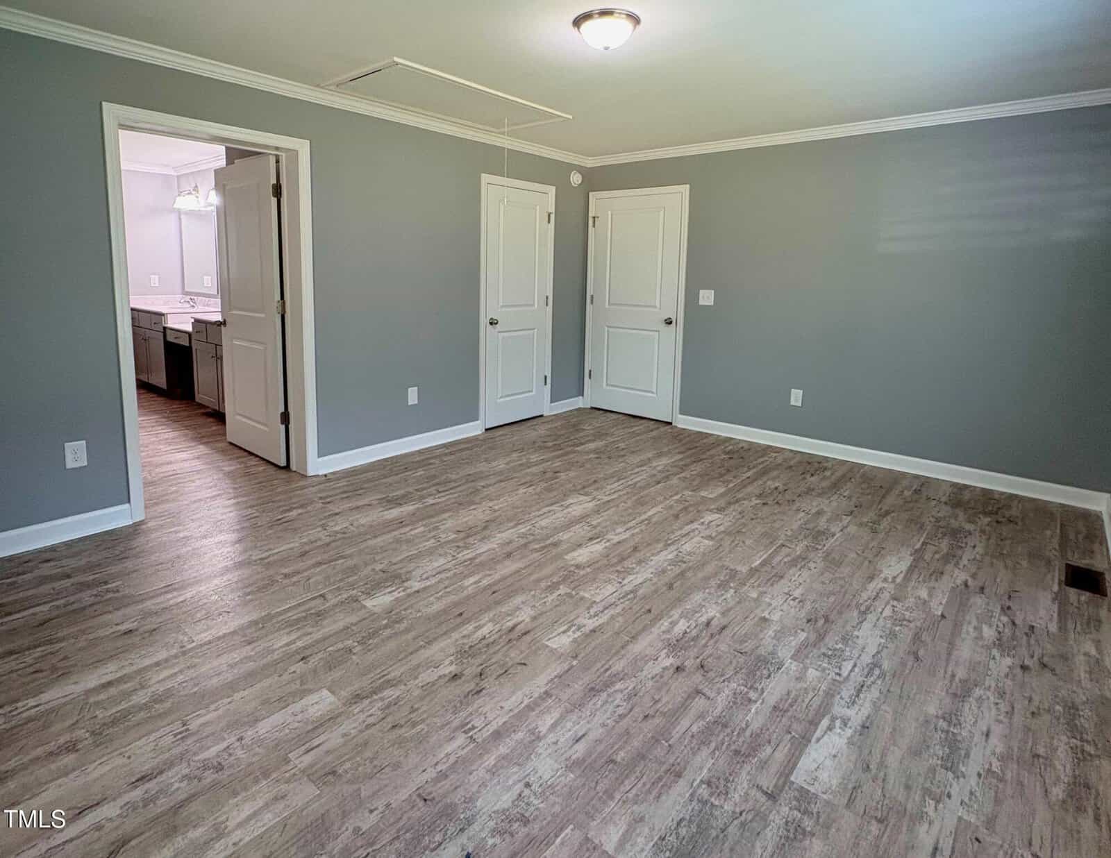 Empty room with light wood flooring, gray walls, white trim, and a ceiling light fixture. Three white doors and an open door reveal a bathroom with a double sink vanity. Natural light enters from a window.