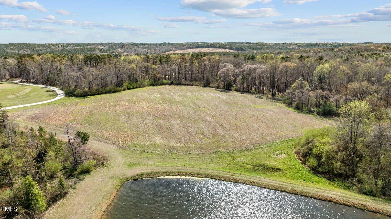 Aerial view of a grassy field bordered by trees, with a small pond in the foreground and a winding path along the left side under a partly cloudy sky.